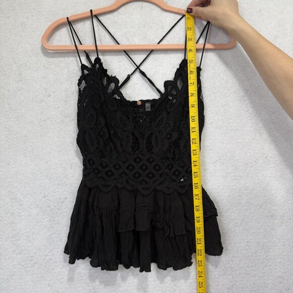 Free People FP One Top Womens L Black Lace Crochet Peplum Cami Boho Strappy - Picture 3 of 8